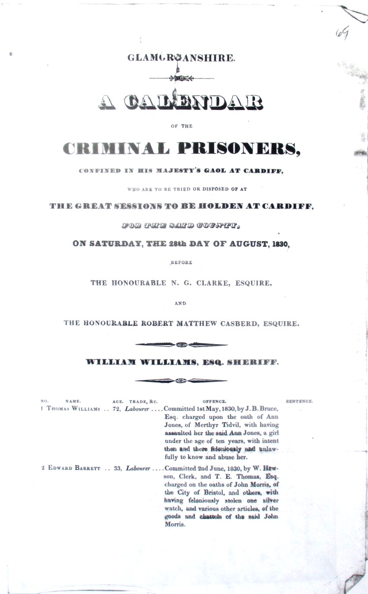 Cardiff High Court 1830 Criminal Prisoner list page1